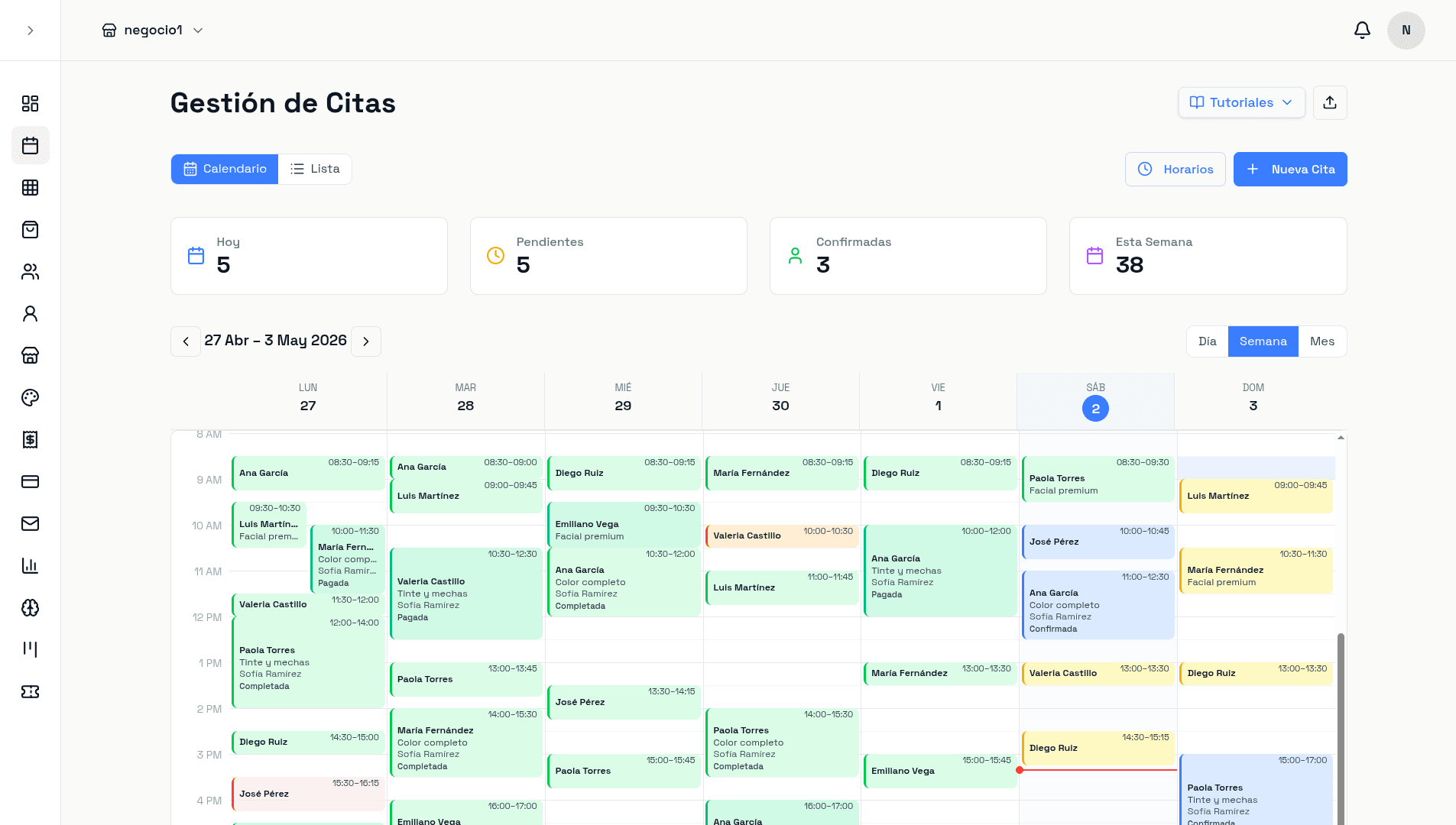 Vista semanal del calendario de citas en Styly